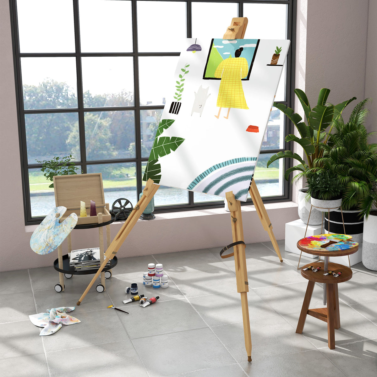 Chevalet d'artiste en bois sur pieds pliable portable supporte des toiles jusqu'à 66/107 cm bois naturel-1