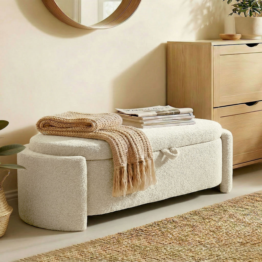 Banc de rangement, bout de lit ovale en polaire Teddy avec assise large, 129 x 48,5 x 44 cm, crème-8