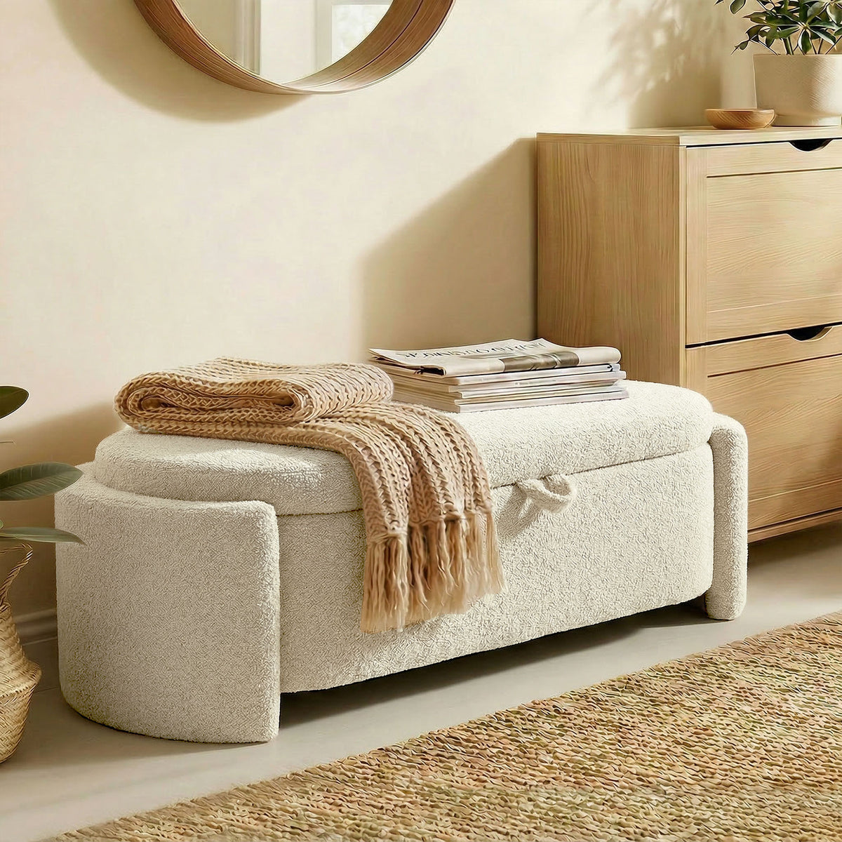 Banc de rangement, bout de lit ovale en polaire Teddy avec assise large, 129 x 48,5 x 44 cm, crème-8
