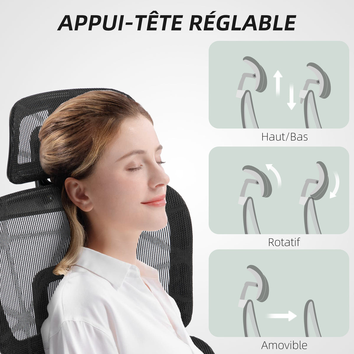 Fauteuil de bureau, chaise de bureau ergonomique en maille avec accoudoirs 3D, dossier inclinable, 66x64x122 cm, noir-8