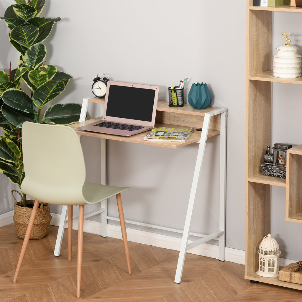 Bureau Informatique Table Ordinateur d'étude dim. 84L x 45l x 85H cm Style Simple en Bois chêne Clair Blanc-3
