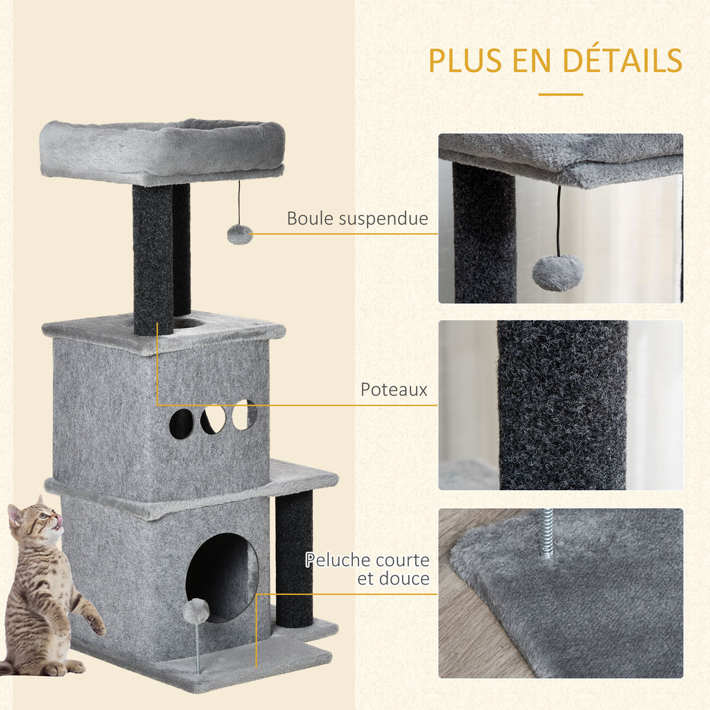 Arbre à chats design cosy chic multi-équipements centre d'activités niches plateformes lit jeu boule feutres amovibles lavables panneaux de particules peluche courte 48 x 48 x 100 cm gris-6