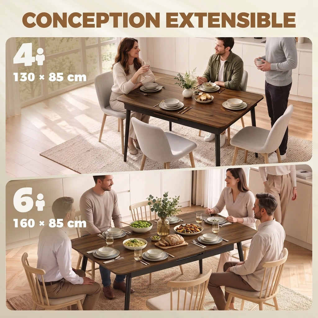 Table à Manger Extensible Rectangle pour 4 à 6 Personnes, Table de Cuisine 130-160 cm avec Coins Arrondis, Noyer Clair-3