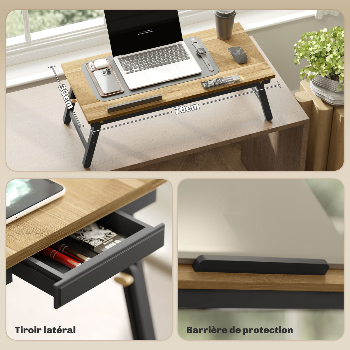 Table de lit pliable et réglable, plateau de lit pour ordinateur portable en bambou - plateau inclinable, tiroir, chêne-4