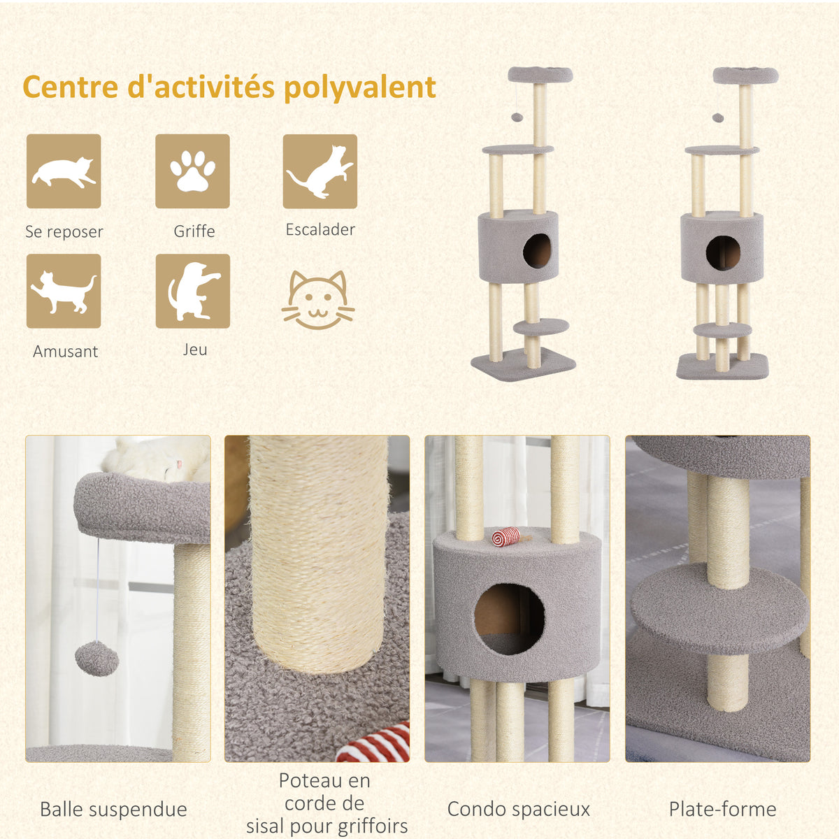 Arbre à chats avec griffoir arbre à grimper pour chat avec niche et plate-formes peluche hauteur 148 cm gris-4