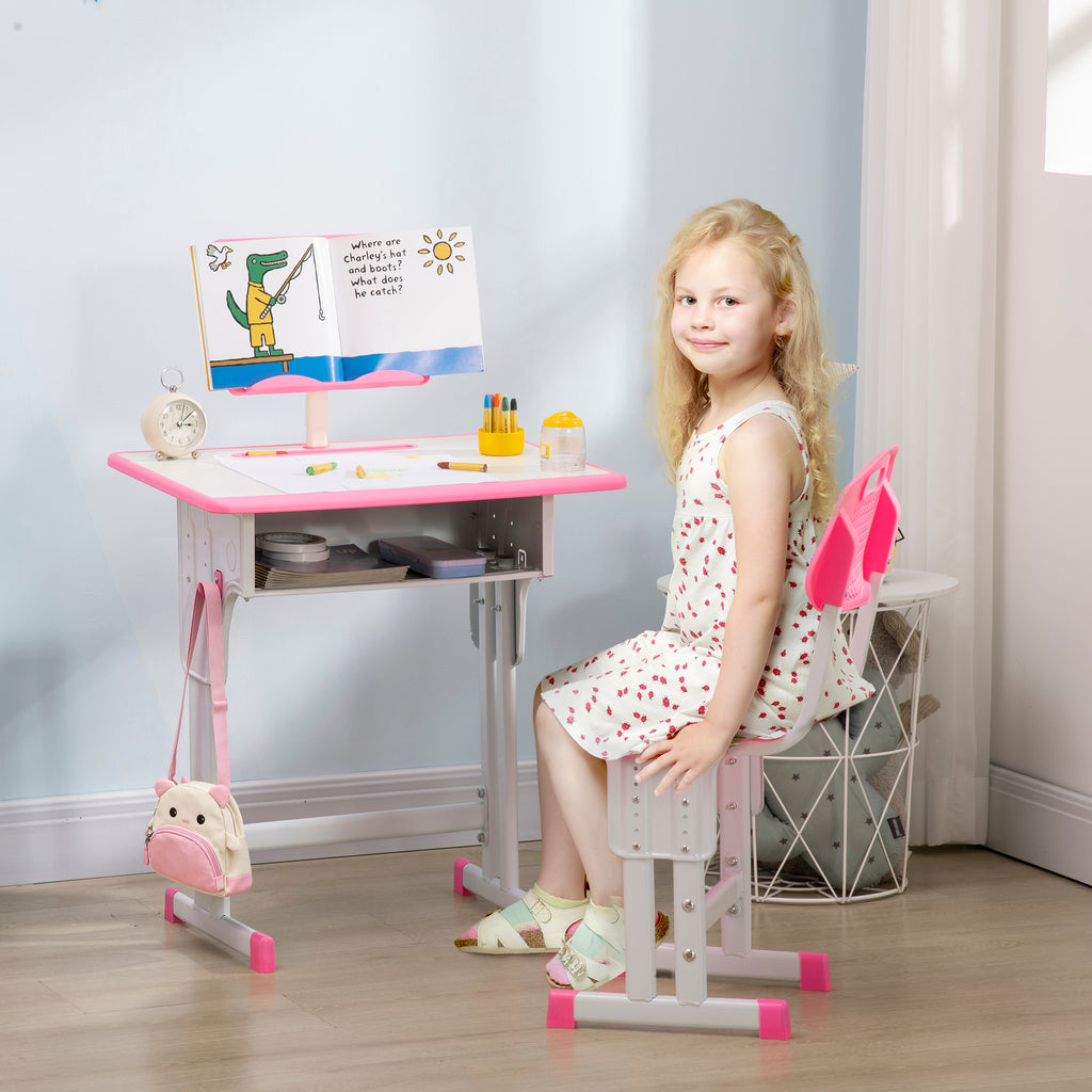 Bureau et chaise pour enfant avec support de lecture casier crochet et porte stylo 60 x 45x 90-102 cm rose-1