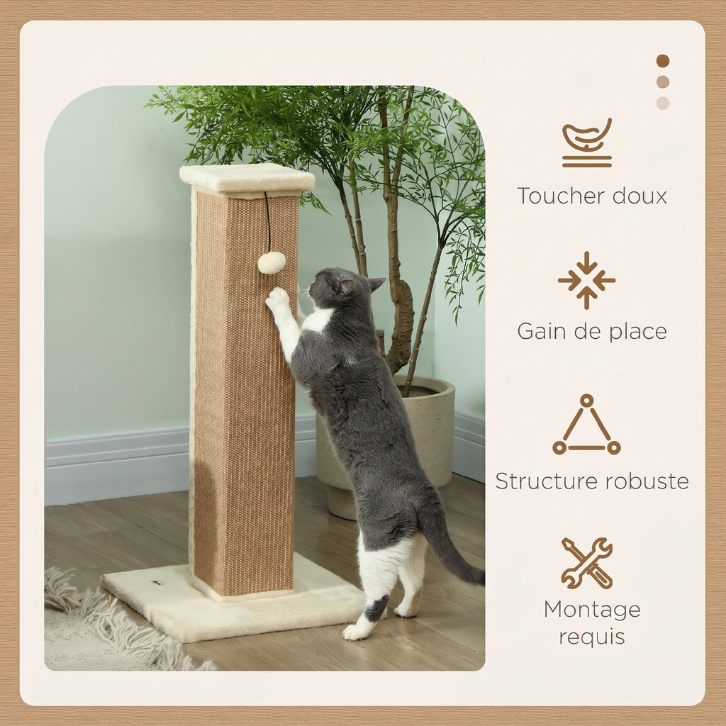 Griffoir pour chat poteau griffoir chat en sisal et peluche, boule suspendue base stable 41 x 41 x 81 cm beige-3
