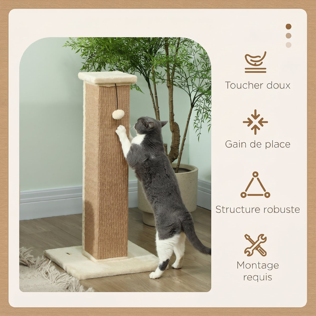Griffoir pour chat poteau griffoir chat en sisal et peluche, boule suspendue base stable 41 x 41 x 81 cm beige-3