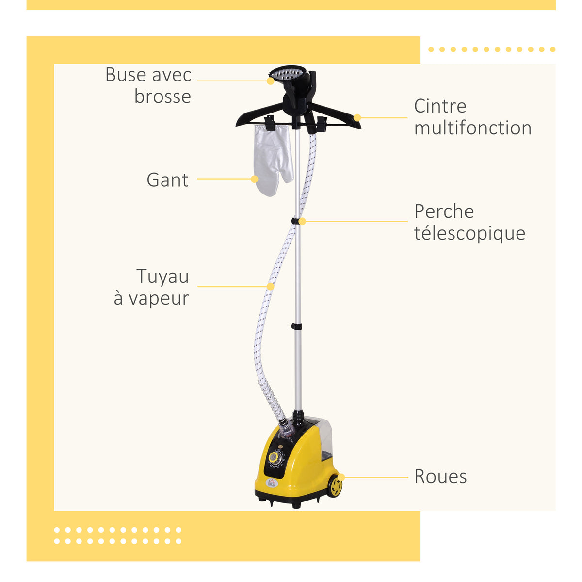Défroisseur vapeur vertical défroisseur à vêtements 1,4 L 1950 W débit vapeur 32g/min tige telescopique jaune noir-4