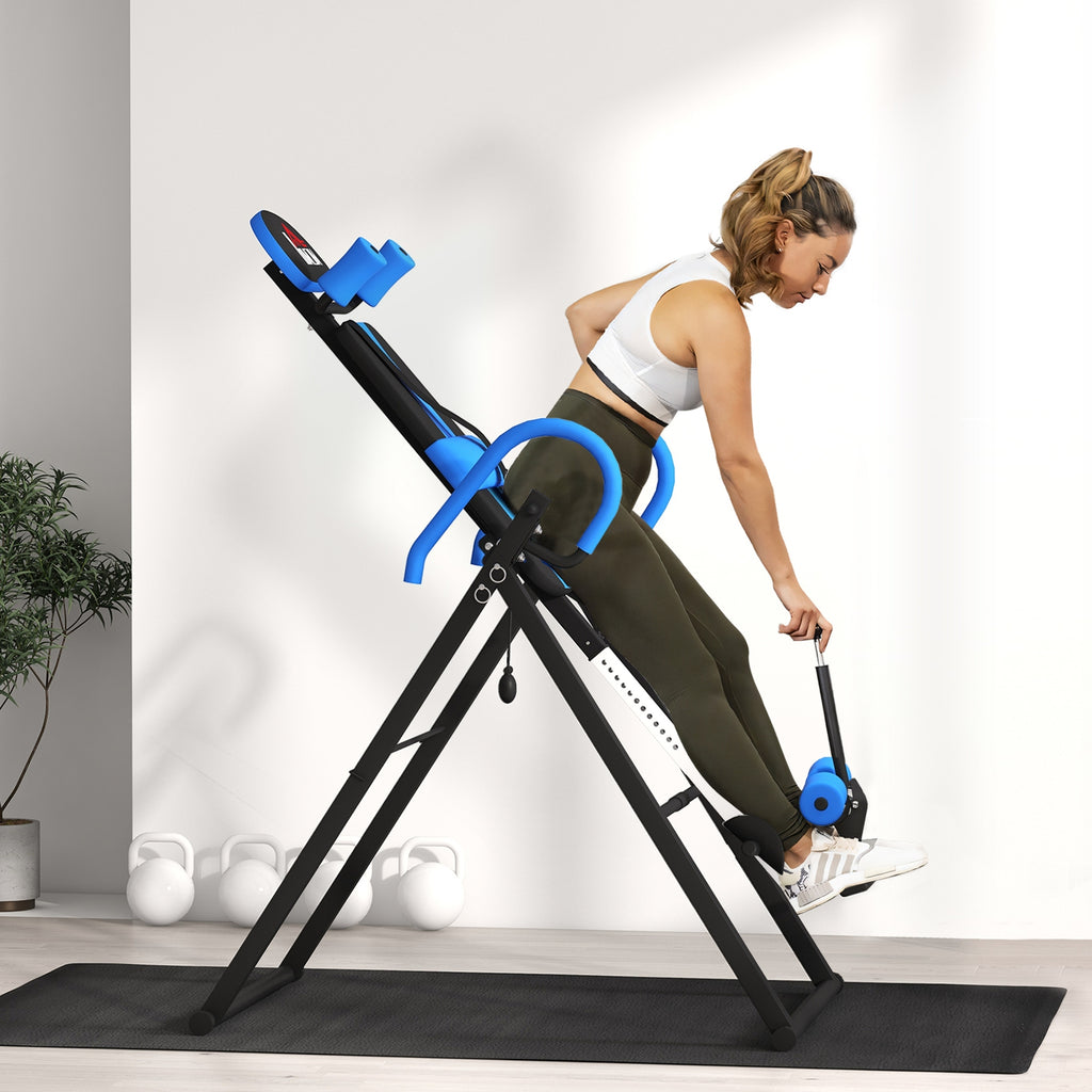 Table d'inversion de musculation pliable ceinture de sécurité réglable angle ajustable 3 niveaux 79x114x153cm bleu noir