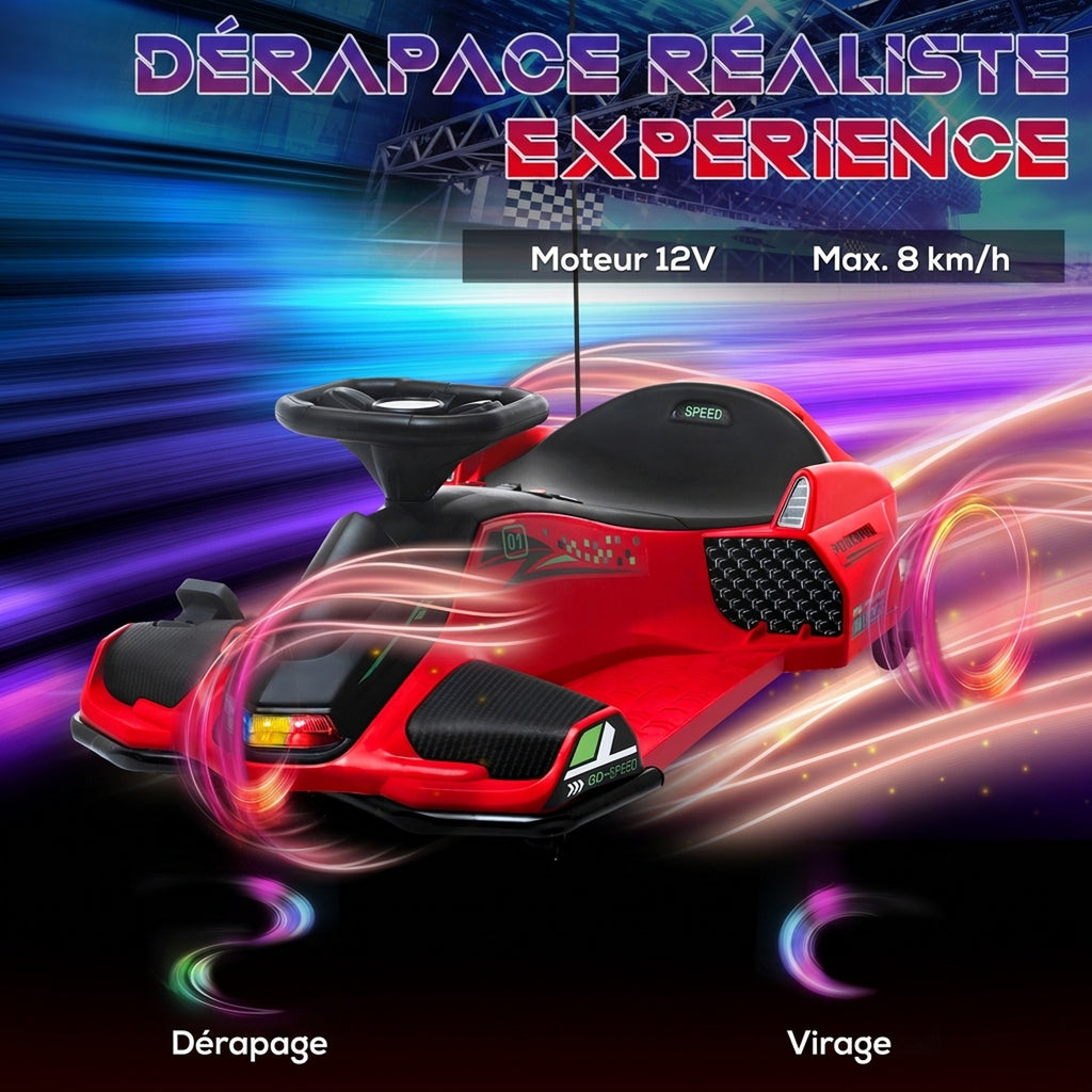 Kart électrique pour enfant 12V, karting enfant, vitesse réglable 3-8 km/h, mode de dérive, 90 x 53 x 99 cm, rouge-3