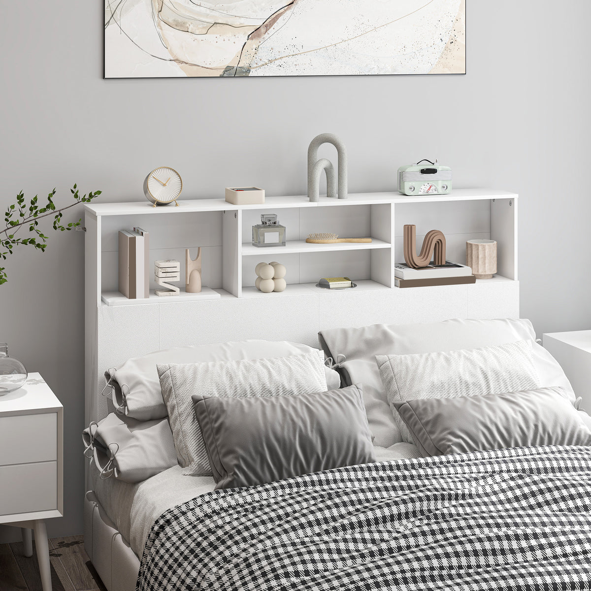 Tête de lit sur pied avec rangements, accessoire de lit 4 compartiments ouverts, 140 x 19 x 103,5 cm, blanc-9
