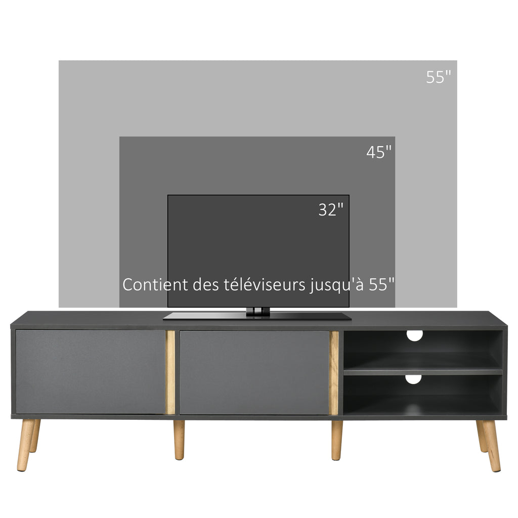 Meuble TV pour télévision jusqu'à 55 pouces scandinave 2 portes 2 niches avec passe-câbles 150 x 35 x 45 cm gris foncé-6