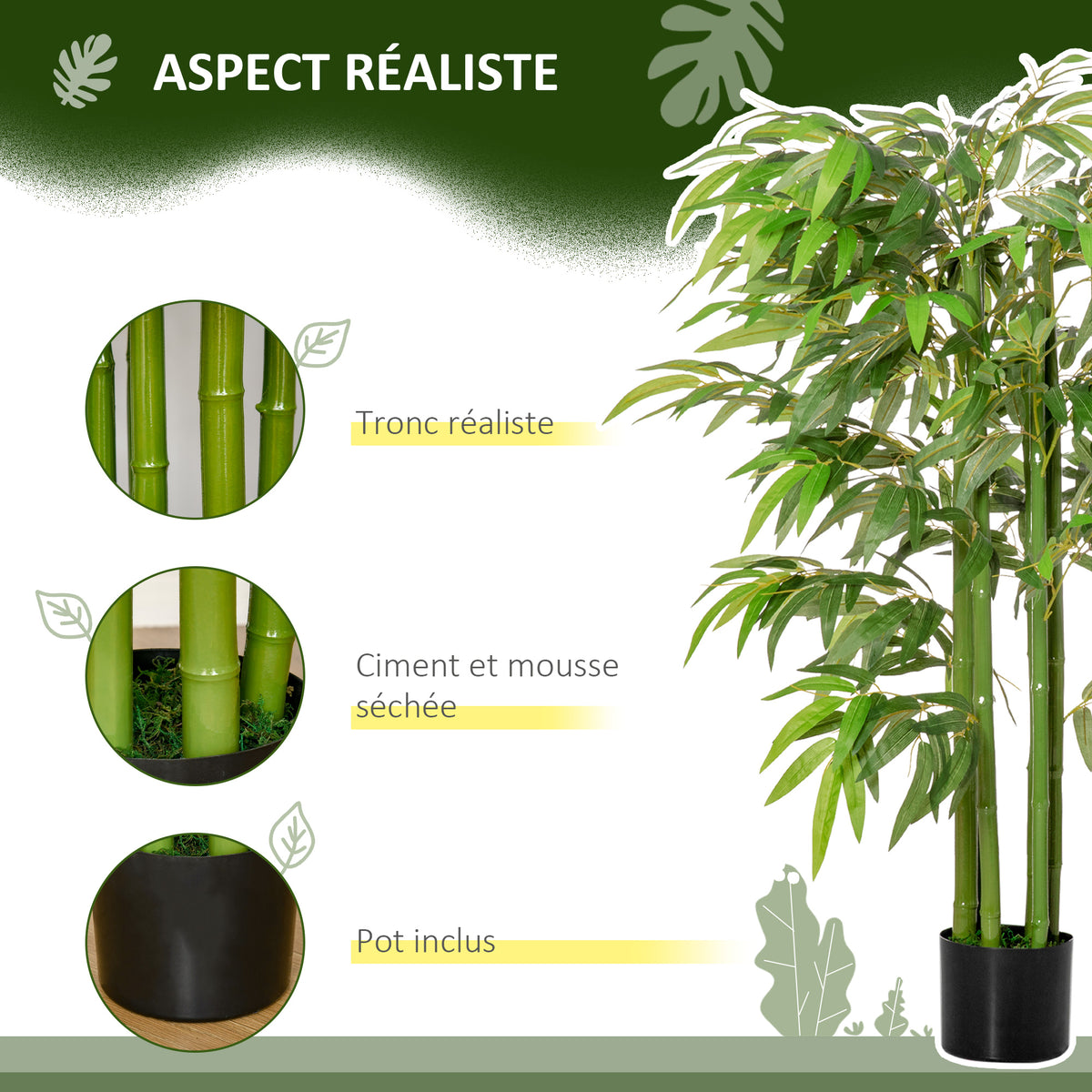Plante artificielle bambou arbre artificiel 140 cm avec pot, fausse plante vert décoration d'intérieur-3