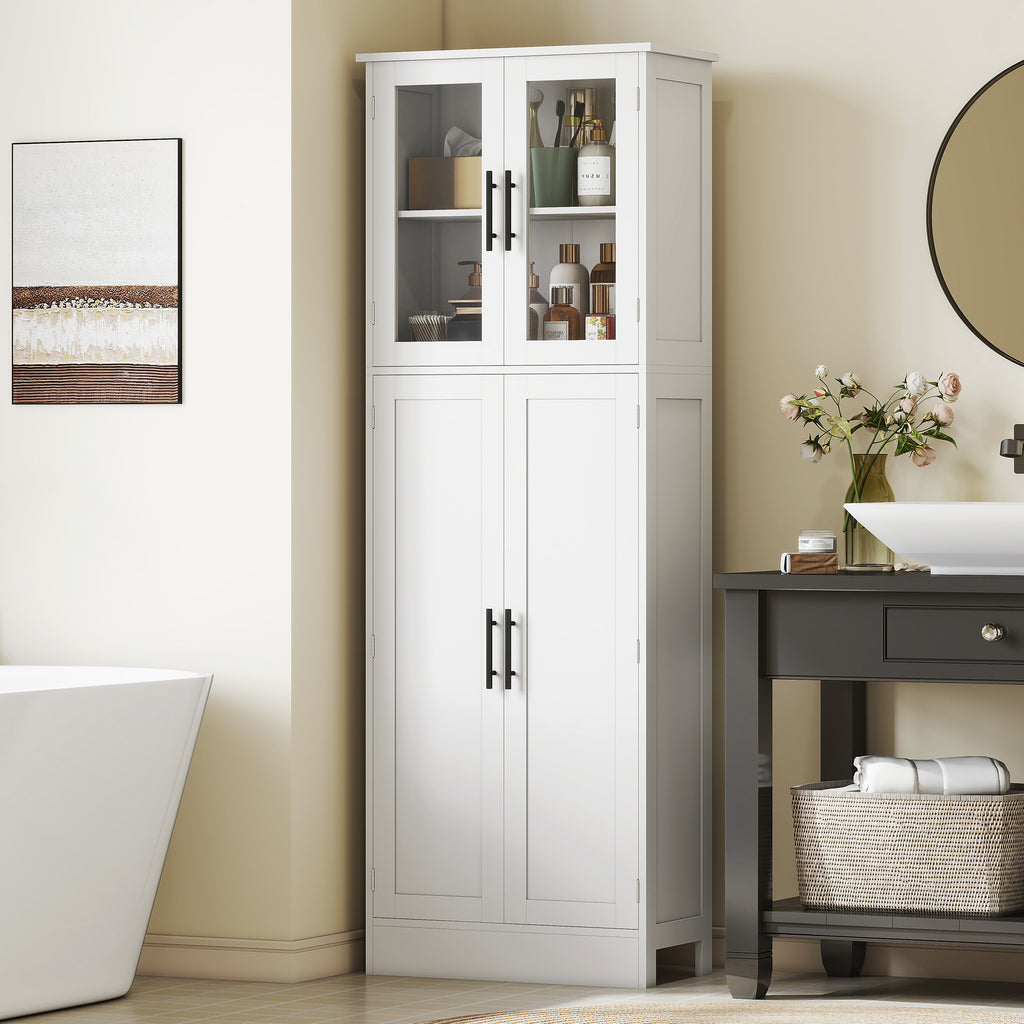 Meuble de salle de bain haut 6 niveaux, meuble de rangement avec 4 portes dont 2 vitrées et étagères réglables, blanc-9