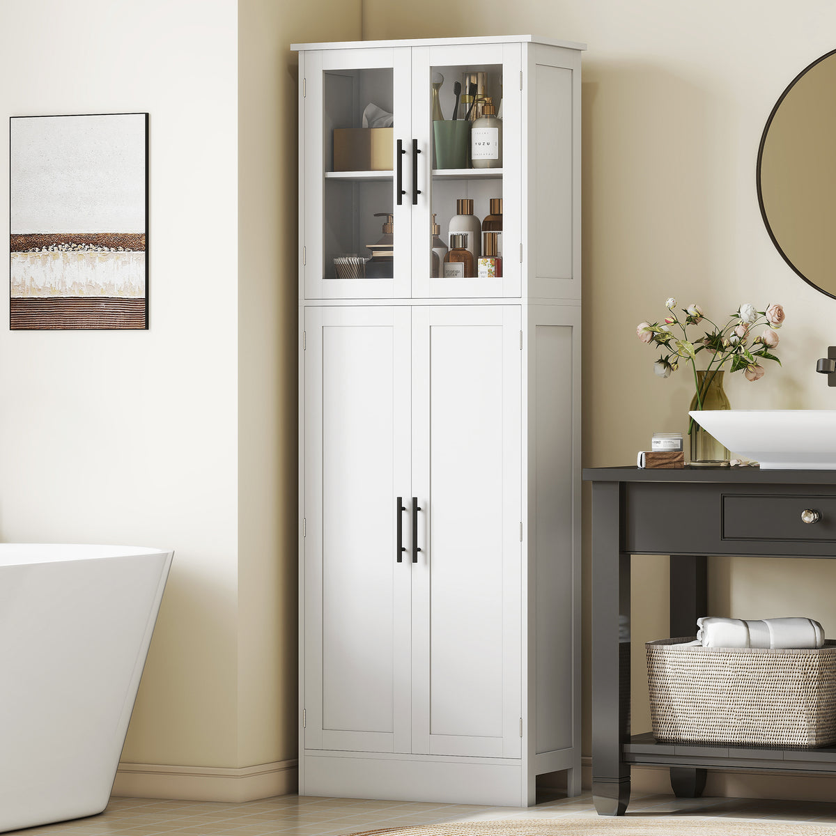 Meuble de salle de bain haut 6 niveaux, meuble de rangement avec 4 portes dont 2 vitrées et étagères réglables, blanc-9