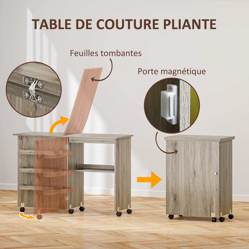 Table de couture pliante meuble couture à abattant avec bacs de rangement, étagère ouverte et roulettes effet bois grisé-3