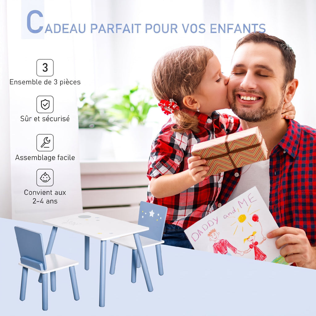 Table enfant avec chaise, ensemble table et 2 chaises en bois pour dessiner, jouer, étudier, bleu-6