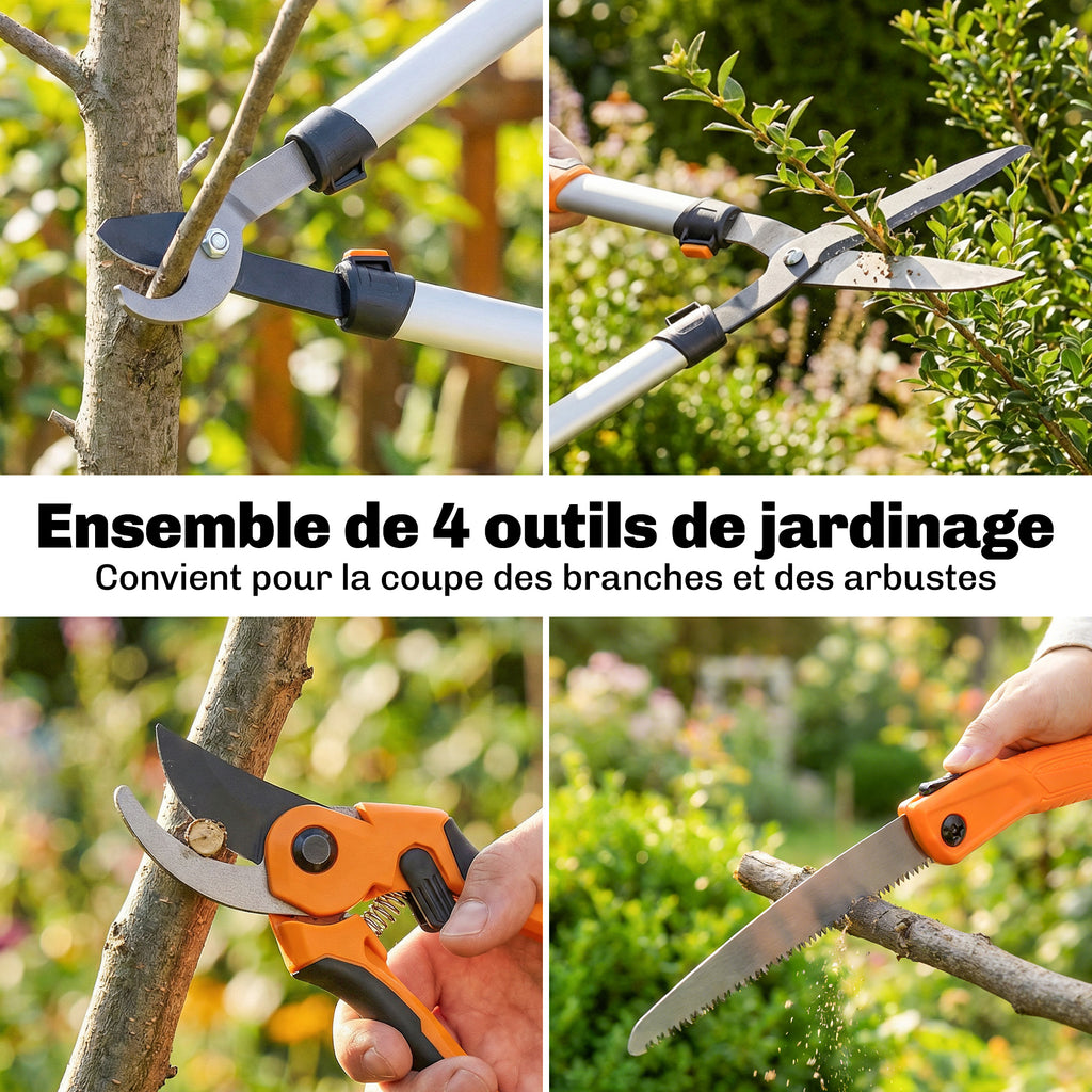 Ensemble de 4 cisailles de jardin avec taille-haies, ébrancheurs, sécateurs et scie pliable, poignée en aluminium-3