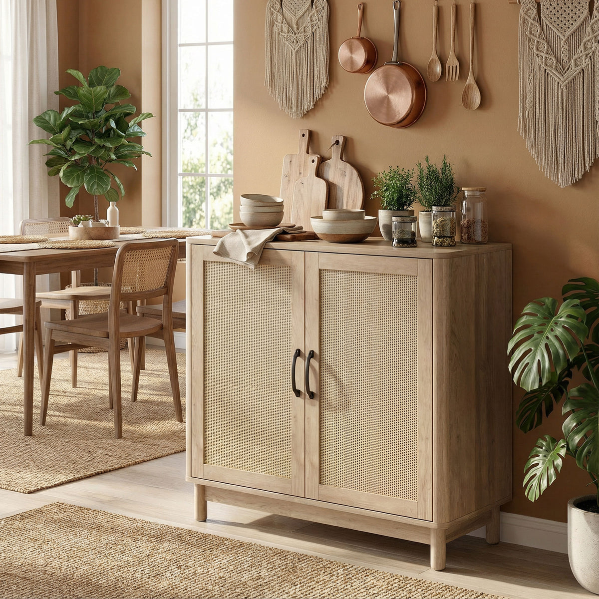 Buffet salon, meuble de rangement avec 2 portes en rotin, étagère réglable et bords arrondis, 76 x 35 x 75,5 cm, chêne-9