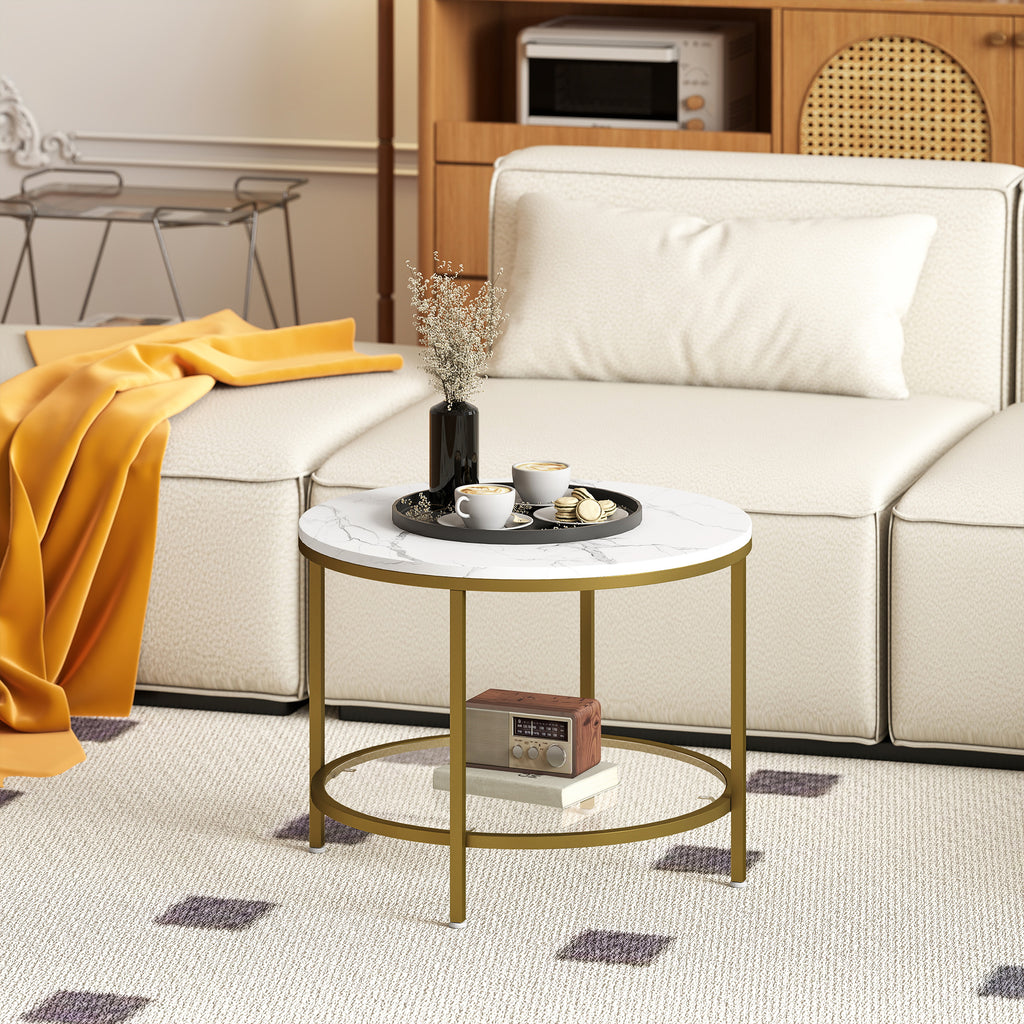 Table basse salon ronde moderne à 2 niveaux plateau effet marbre et étagère en verre trempé, Ø 60 x 45 cm, blanc et doré-1
