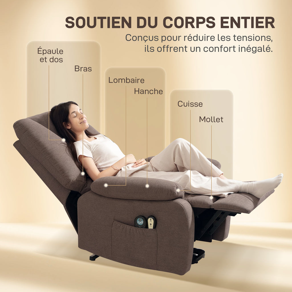 Fauteuil releveur électrique inclinable avec repose-pied et télécommande, tissu polyester aspect lin marron-7