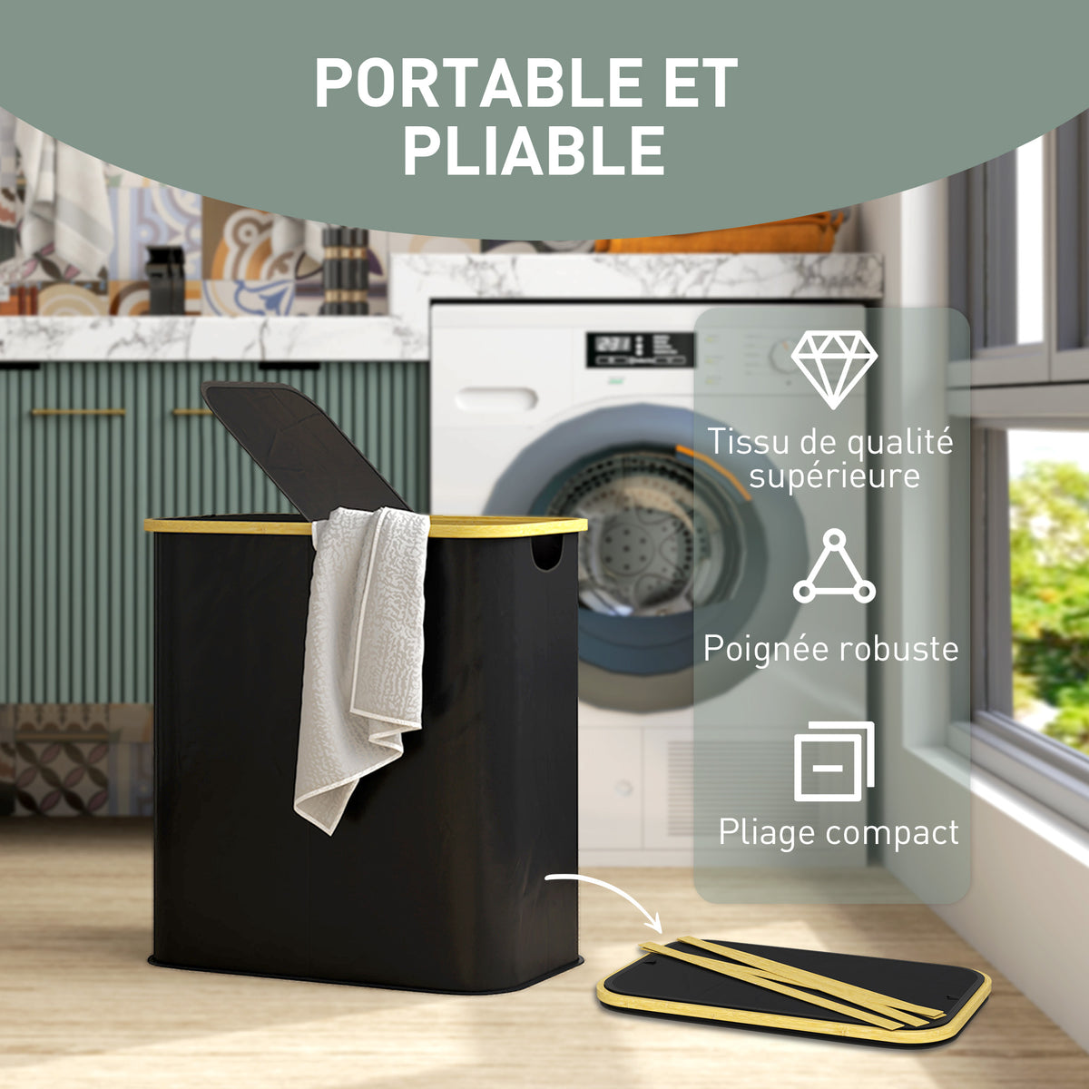 Panier à linge double pliable 80 L corbeille à linge sale avec couvercle, poignées rainurées, noir-5
