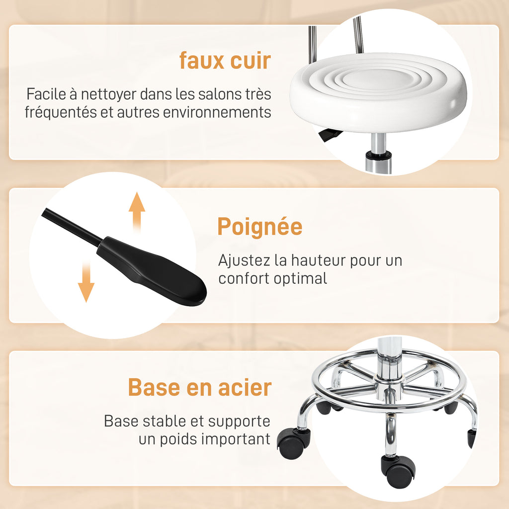 Tabouret à roulettes, tabouret de massage avec hauteur réglable 70-86 cm et dossier, pivotant 360°, blanc-5