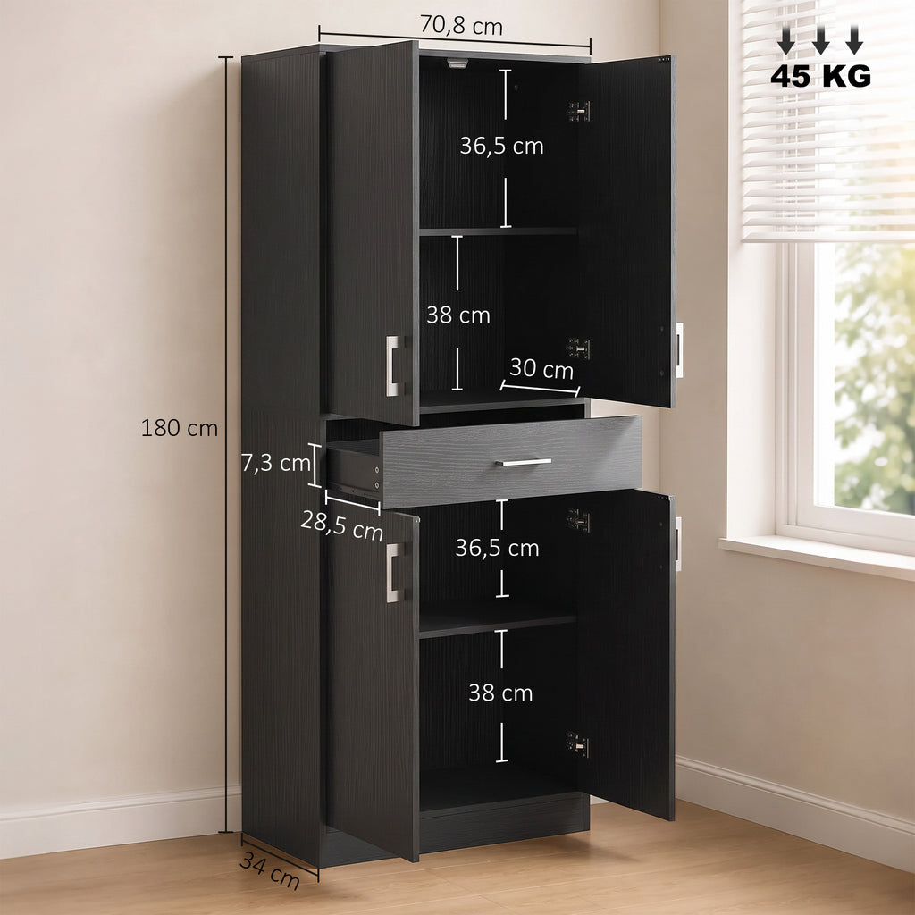 Buffet haut armoire de cuisine 4 portes 2 placards et 1 tiroir central hauteur 180 cm avec 2 étagères réglables noir-2