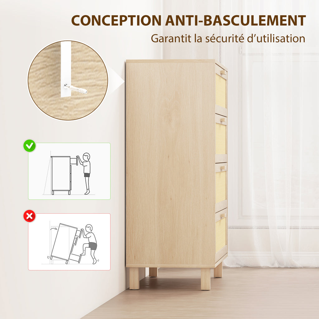Commode 4 tiroirs cannage en rotin dim. 80L x 40l x 103H cm MDF Aspect Bois Clair-5