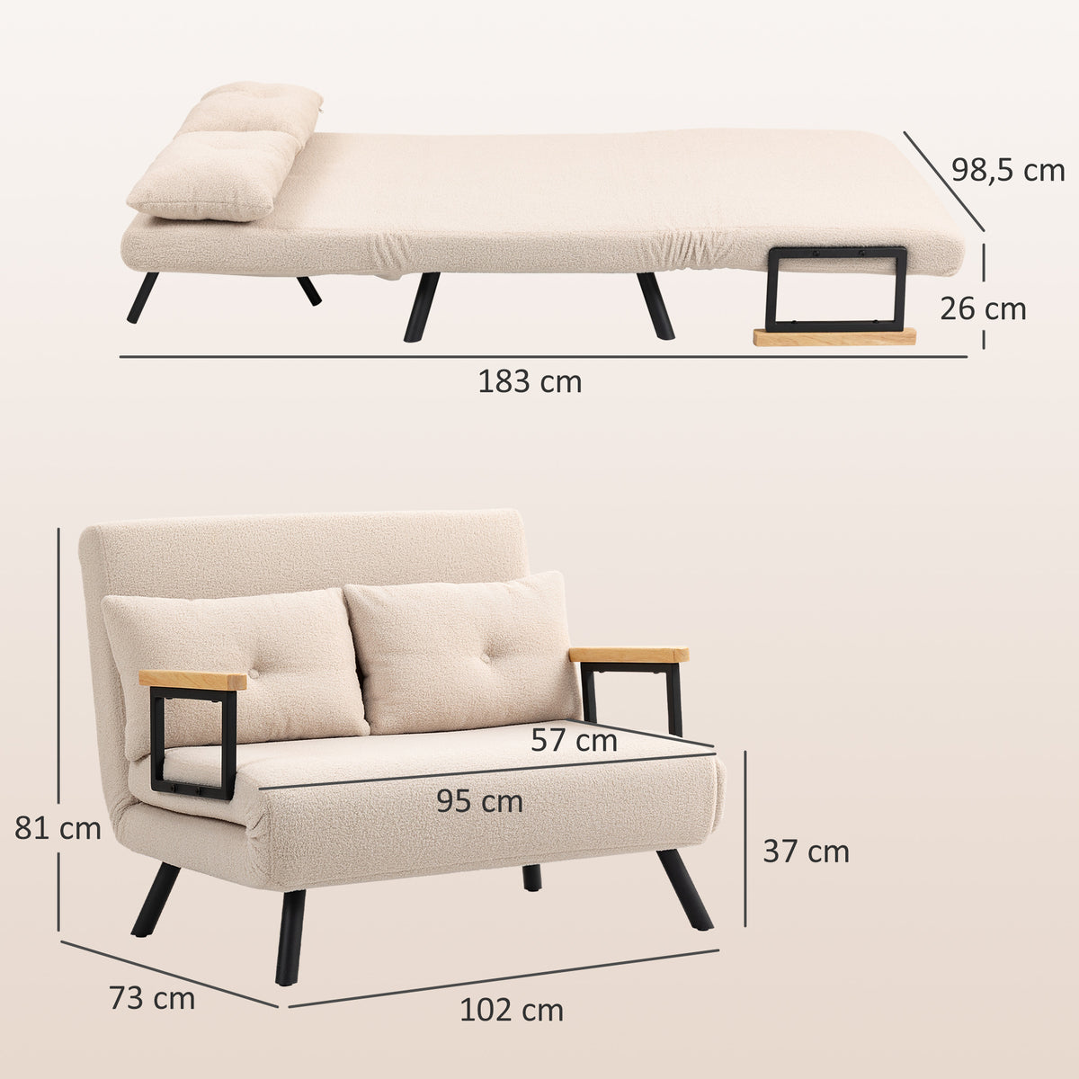 Canapé convertible 2 places 4 en 1, canapé-lit avec dossier réglable sur 5 niveaux, 2 coussins, 102 x 73 x 81 cm, beige-2