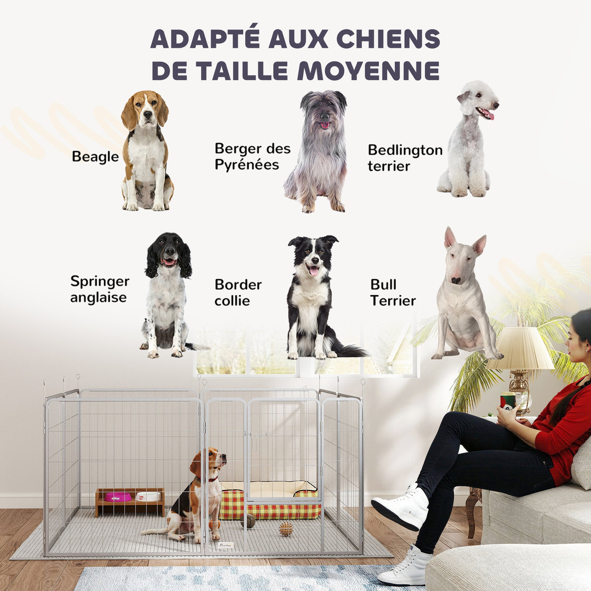 Parc pour chien enclos chien 8 panneaux modulable pliable acier avec porte pour chiot intérieur extérieur 80H cm argent-6