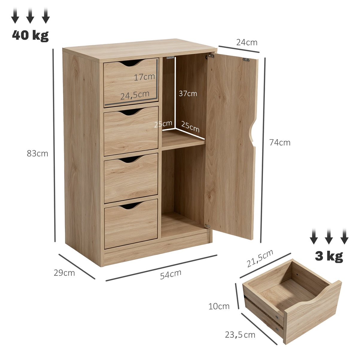 Meuble de rangement buffet commode moderne 1 placard et 4 tiroirs - en bois - pour salon, cuisine, entrée, salle à manger - marron-2