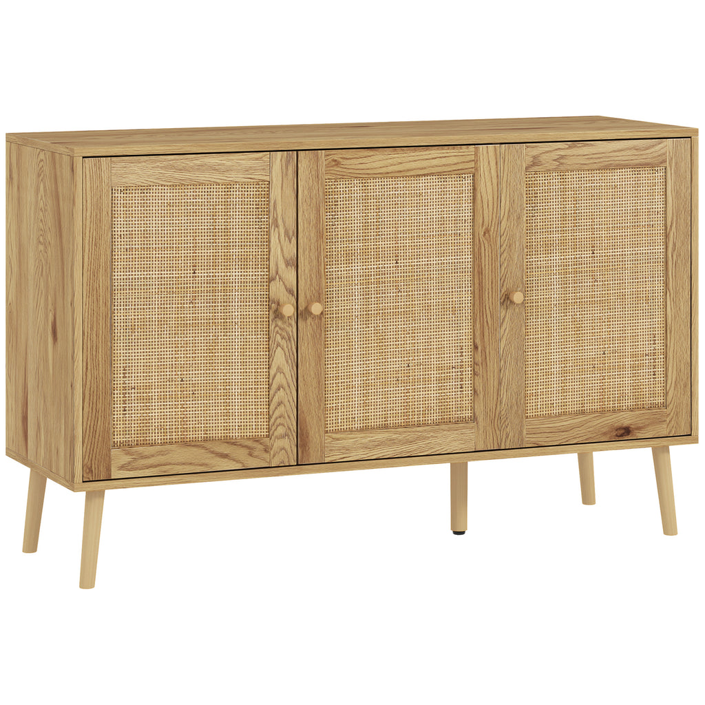 Buffet salon meuble de rangement avec placards à portes en rotin et étagère réglable, bois naturel-0