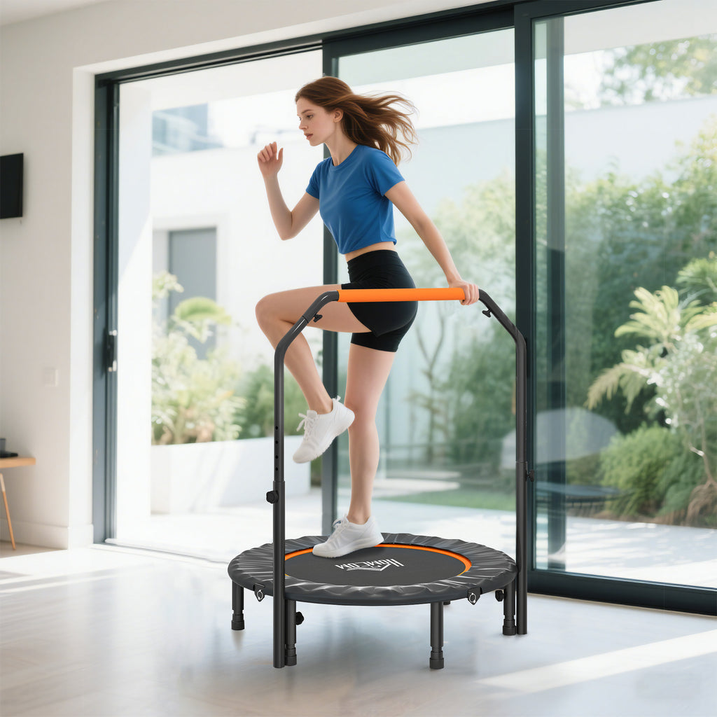 Trampoline de fitness gymnastique avec poignée réglable, pliable, 6 pieds, 28 ressorts Ø 102 cm, noir orange-9