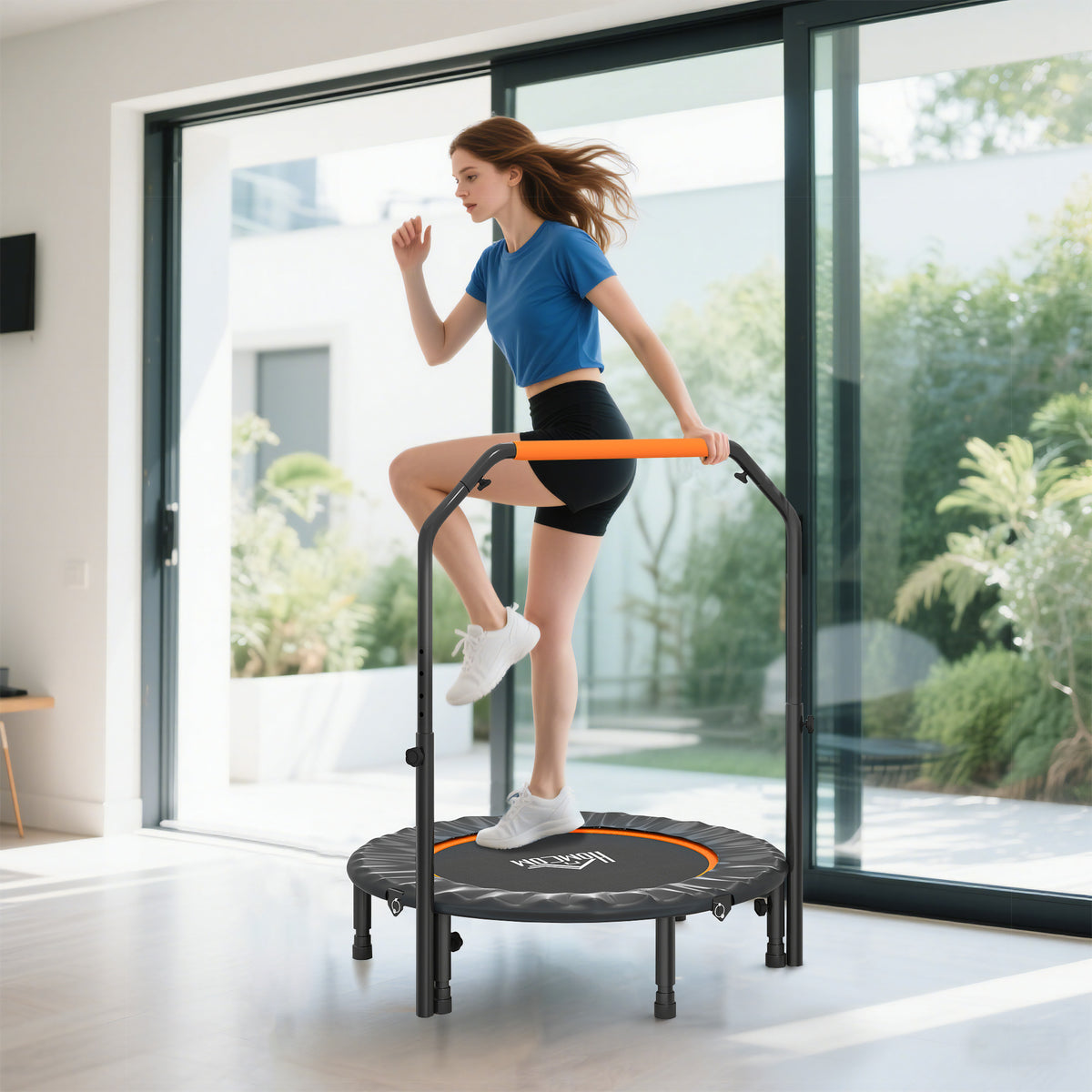Trampoline de fitness gymnastique avec poignée réglable, pliable, 6 pieds, 28 ressorts Ø 102 cm, noir orange-9