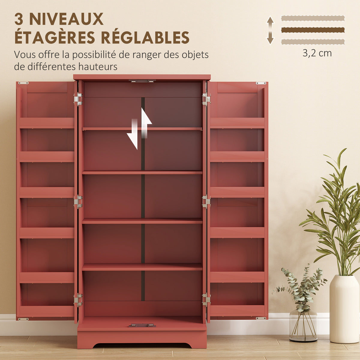 Buffet cuisine armoire de cuisine 5 niveaux avec portes et étagères réglables 60l x 40P x 120H cm grain de bois rouge-4