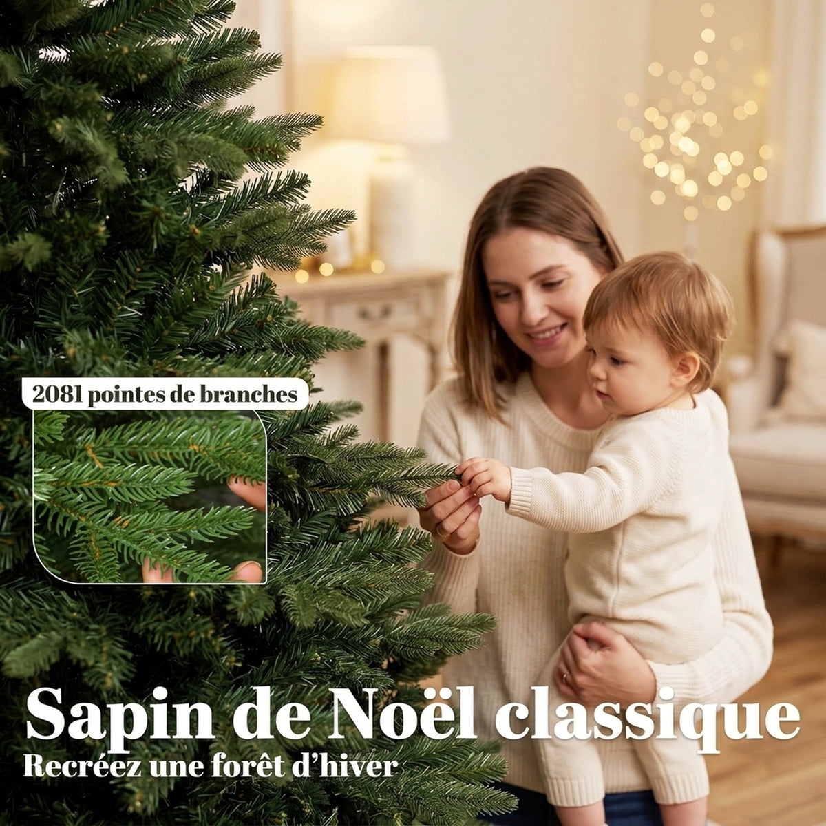 Sapin de Noël Artificiel 180 cm, Arbre de Noël, 2081 Branches Articulées en PE et PVC Ignifuge, Support en Bois Robuste-4