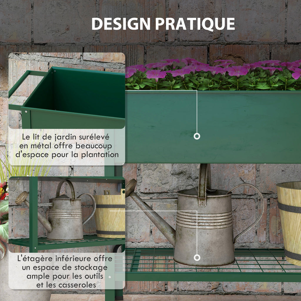 Jardinière sur Pieds Potager dim. 109L x 44l x 80H cm étagère 2 Roues + Insert d'irrigation métal Vert-4