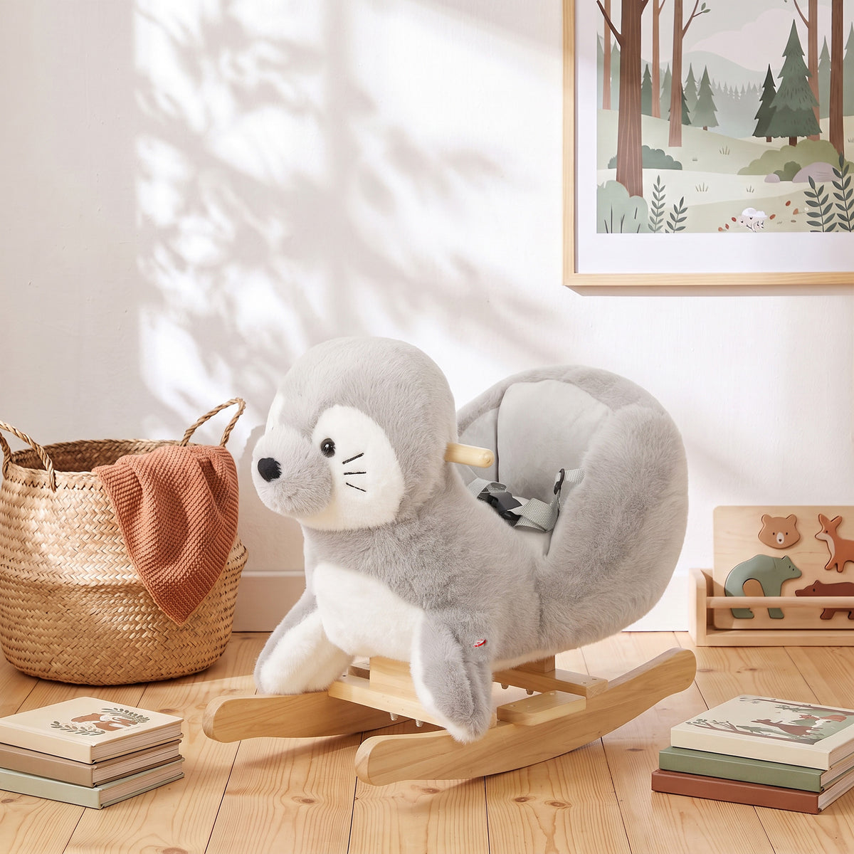 Cheval à bascule pour Enfants, Phoque à Bascule en Peluche, Sons Réalistes, Ceinture et Butées Anti-Basculement, Gris-1
