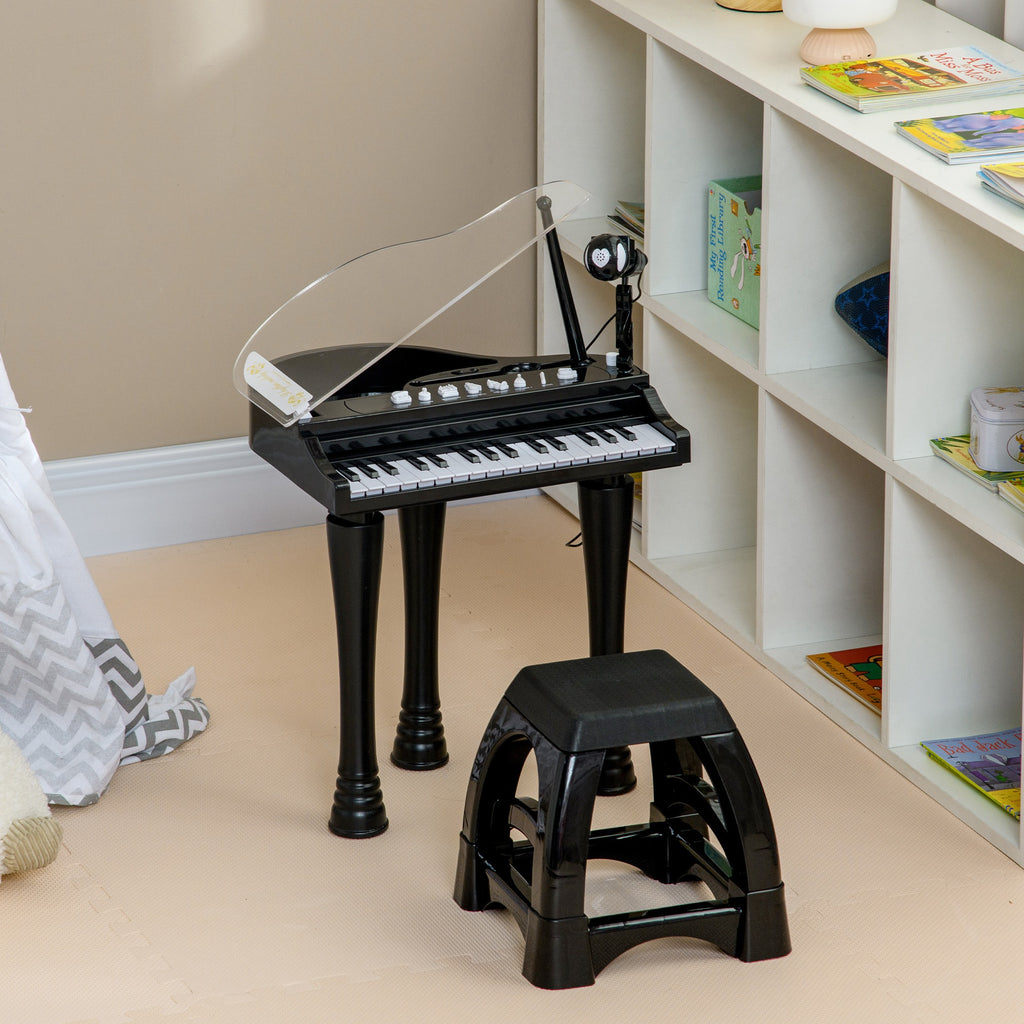 Piano enfant électronique 32 touches multifonctions avec micro haut parleur tabouret couvercle lumineux LED noir-9