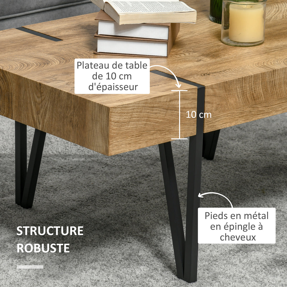 Table Basse rectangulaire Style Industriel piètement épingle métal Noir Plateau Aspect Ancien bastaing, 105 x 60 x 42 cm, Bois-4