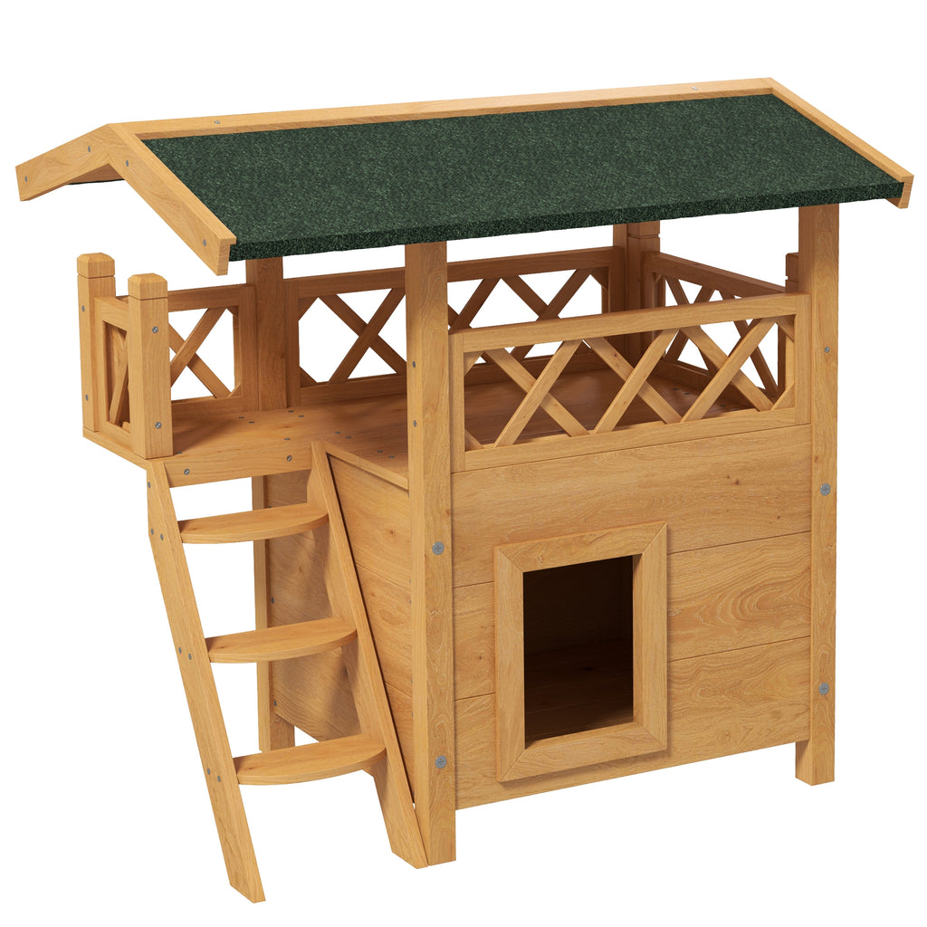 Cabane Chat Extérieur avec Terrasse, Escalier, Toit, Niche Villa, 77 x 50 x 73 cm Bois Naturel et Vert-0