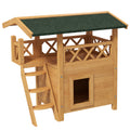 Cabane Chat Extérieur avec Terrasse, Escalier, Toit, Niche Villa, 77 x 50 x 73 cm Bois Naturel et Vert-0