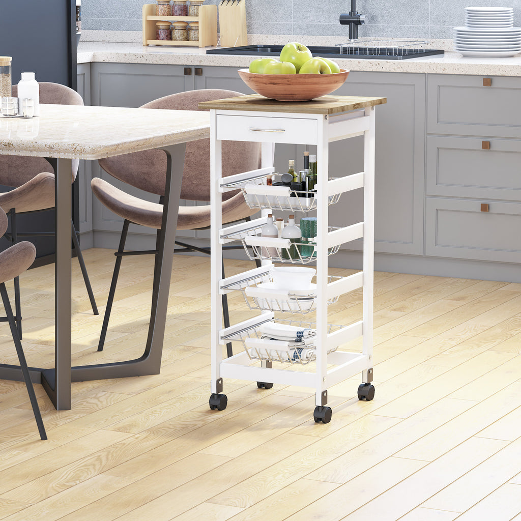Chariot de service desserte à roulettes multi-rangements 4 paniers métal + tiroir bois de pin 37 x 37 x 82 cm blanc-9
