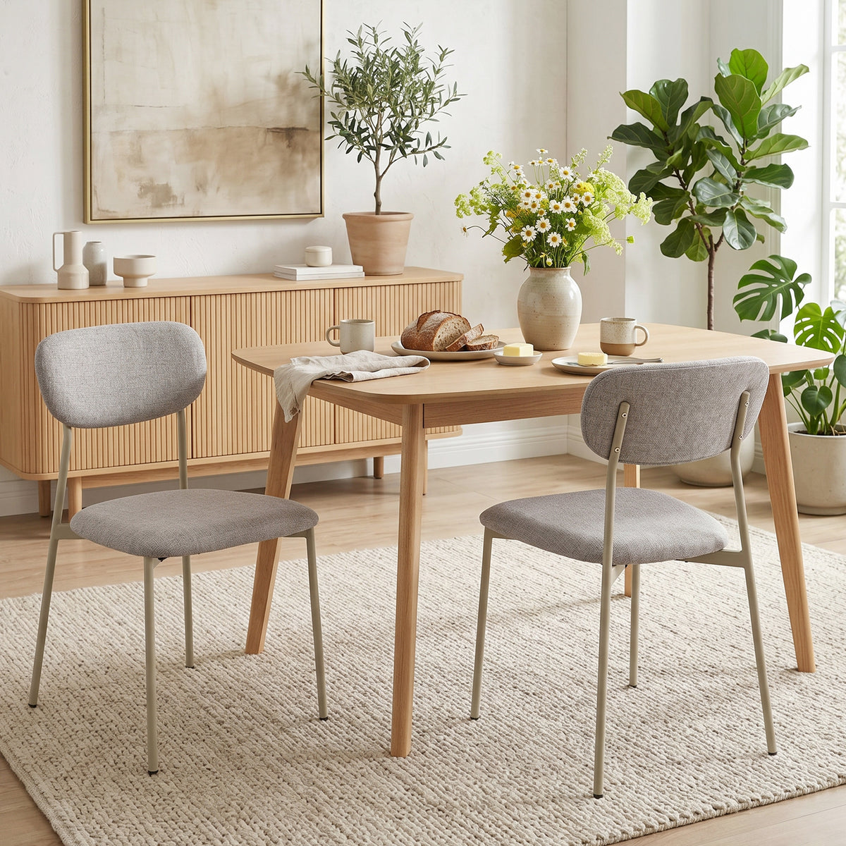 Lot de 2 chaises de salle à manger modernes, chaises de cuisine empilables en tissu effet lin, marron clair-1