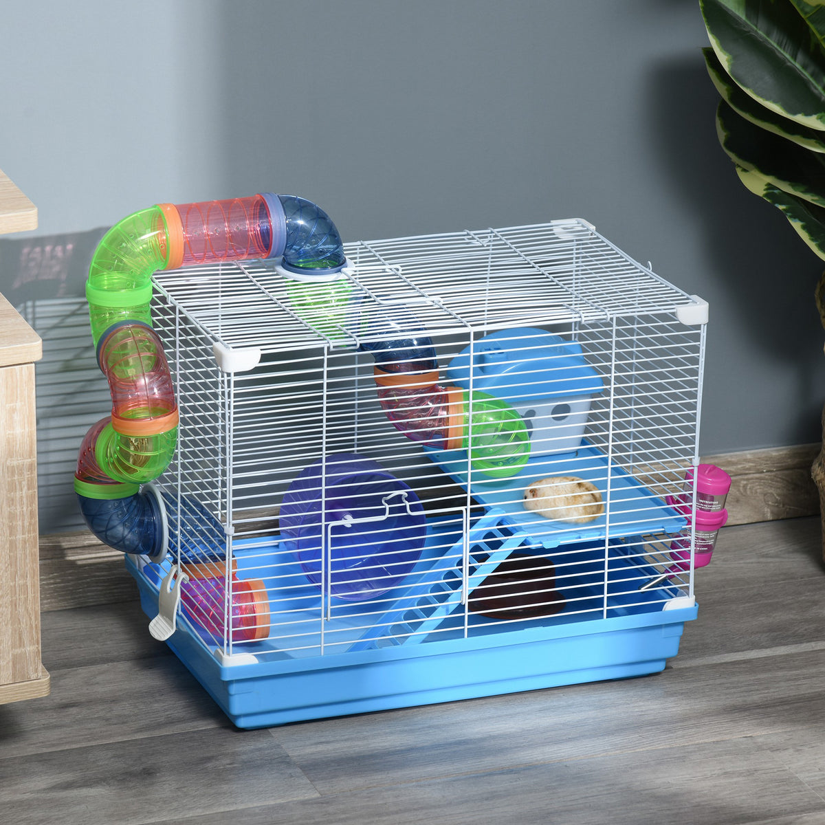 Cage à hamster rongeur 2 niveaux avec tunnel, biberon eau, roue, maisonnette, échelles dim. 46L x 30l x 37H cm, bleu-1
