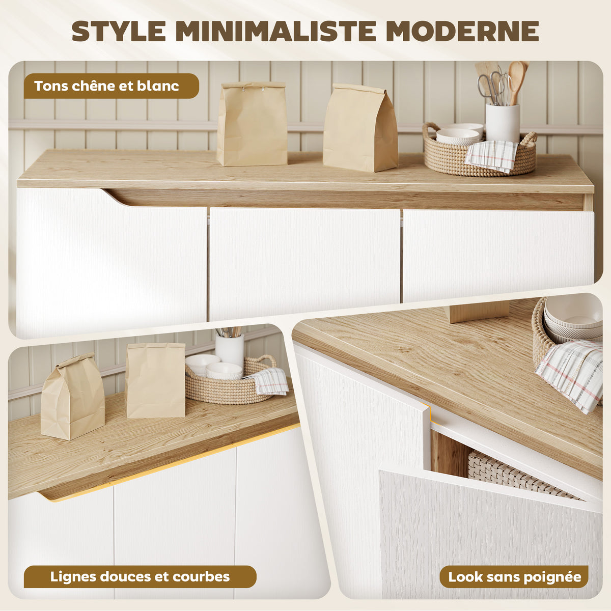 Buffet salon, meuble de rangement, 3 portes, étagères réglables et pieds en bois d'hévéa, 107x35x76,5cm, blanc et chêne-3