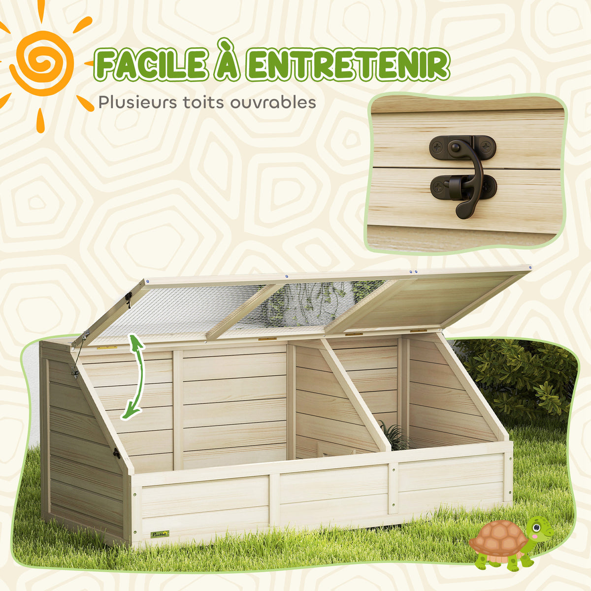 Maison enclos cage pour petit animal tortue en bois avec couvercle ouvrable, loquets, 2 espaces distincts, bois naturel-6