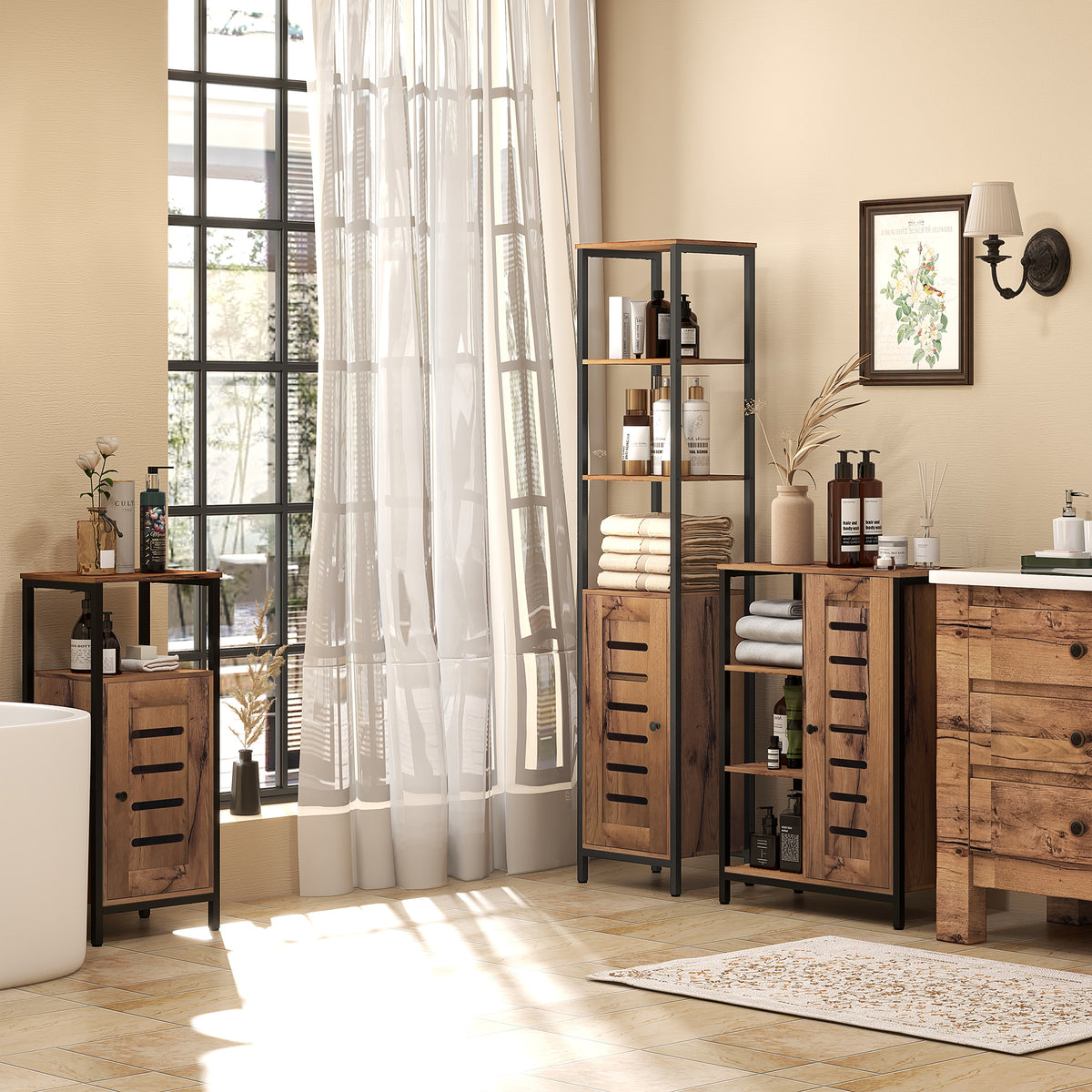Meuble bas de salle de bain avec porte à lamelles structure en acier niche ouverte 37 x 30 x 85 cm brun rustique-1